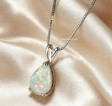 White Opal Pendant Necklace Minimalist Teardrop Opalite Women Silver Jewelry picture