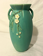 Weller F-8 Teal White Art Pottery Wild Rose Vase 10” Signed Incised Backstamp picture