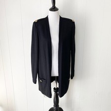 VTG St. John Basics Black Santana Knit Open Front Long Cardigan Gold Crest Sz L picture