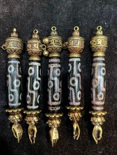 5Pcs Tibetan Brass Om Wheel Hand Inlay Dragon Vein Agate Dzi 9Eyed Bead Pendants picture