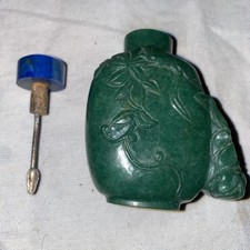 Antique Chinese Spinach Jade Nephrite? Snuff Bottle Lapis Lazuli Stopper Carved picture