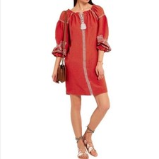 Maje Ramette Dress Sz 1 Small Orange Red Embroidered Tassel Viscose Linen Tie picture