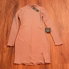 Lulus Women's M Taupe Ribbed Knit Mock Neck Long Sleeve Stretch Bodycon Dress picture