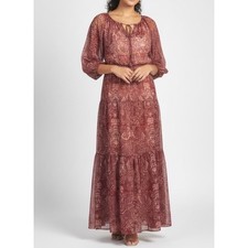 NWT Speechless Peasant Dress BURGUNDY/IVORY BATIK Tiered Maxi LINED CHIFFON sz M picture