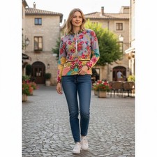 Johnny Was Women Lavender Floral Quarter Zip Mock Neck Top CSW2022-Y Medium NWT picture