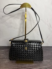 Vintage Bally Woven Leather Shoulder Bag Black Gold B Logo Made Italy picture