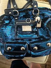 Coach Blue Sequin Satchel Top Handle Bag, Zip Closure, Charm, Inner Pockets picture
