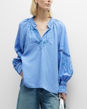 Kobi Halperin Farrah Embroidered Blouse Blue Eyelet Linen Blend Large Floral  picture