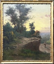 19th Cent. Barbizon School Original Oil Painting Morning Landscape Hunter Walk picture