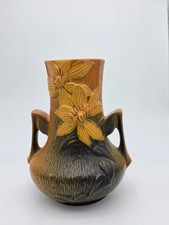 Roseville Pottery Clematis 106‑7 Vase – Brown/Black – Floral Relief – USA picture