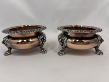 ANTIQUE LIONHEAD Feet SALT CELLAR PAIR REPOUSSE FLORAL ENGLISH SILVERPLATE Read picture