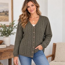 Lanamoden Salzburg Womens Pure New Wool Cable Knit Cardigan Sweater Brown picture