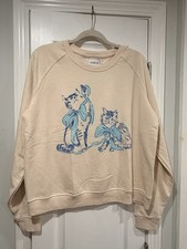 NWOT Maeve Anthropologie Size S Cat Ribbon Bow Graphic Sweatshirt Beige Silver picture