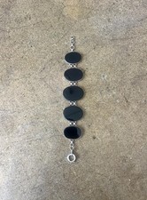 Vtg Silver 925 stamped Bracelet with large Onyx - adjustable 7.75 to 8.5 inches picture