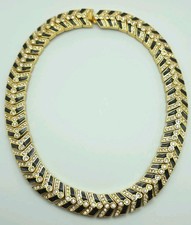 Vintage St. John Crystal Black Enamel Gold Tone Collar Necklace Signed SJ picture