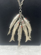 Vintage Germany 5 Handmade Articulated Movable Fish Necklace Red Glass Eye picture