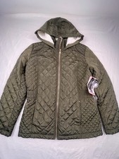 CiSONO Los Angeles Outerwear Women’s Olive Quilted Coat SZ L Faux Fur Lined NWT picture