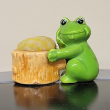Cute VTG Lefton Ceramic Green Frog Pincushion Tree Stump Made Japan Cottage  picture