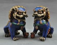 Old Pair Fengshui Bronze Cloisonne Guardion Foo Fu Dog Lion Beast Statue picture