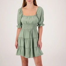 Trixxi Juniors Solid Short Sleeve Tiered Dress Size M Olive NEW picture