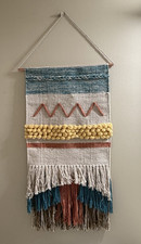 Boho Woven Wall Hanging Tapestry with Fringe, Teal White Rust Multicolor picture