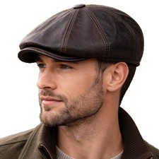 Vintage Brown Real Leather Cabbie Hat Newsboy Ivy Cap Ear Flaps picture