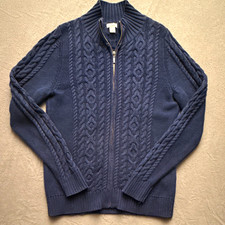 L.L. Bean Men's M Cable Knit Full Zip Mock Neck Sweater Navy Blue 100% Cotton picture