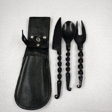 Vintage HandForged Medieval Cutlery Set Iron ,Fork & Spoon W/Black Leather Cover picture