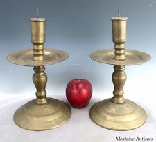 Large Pair Dutch Colonial Brass Mid Drip Pan Pricket Sticks 17th/18th cent picture