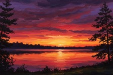 Beautiful Sunset Over Lake Painting Wall Art Print Printed On Canvas Artprint picture