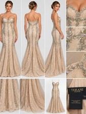 Terani Couture Champagne Beaded Lace Mermaid Gown, Size 6 picture