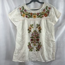 Vintage Women’s M White Embroidered Floral Cotton Tunic Top Bohemian Folk picture