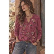 Sundance Henley Top Womens PM Pink Floral Embroidered Long Sleeve Boho Artsy picture