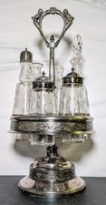 Antique Victorian Silver Plate Revolving Castor Cruet Set Etched Bottles Cherub picture