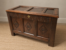 Antique Wood Coffer / Chest – Elaborately Carved 17th Century Design picture