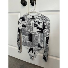 SHEIN Women Newspaper Print Long Sleeve Bodysuit Black White Petite M 8-10 picture