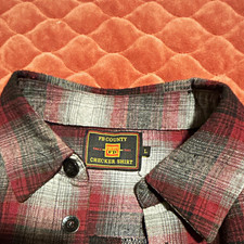 FB County Checker Shirt Men’s Large Red Gray Plaid Flannel Long Sleeve 90s Style picture