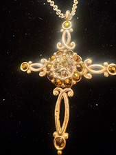 Brighton Gold Tone  Cross Pendant Necklace w/ Clear Rhinestone & Faux Pearl picture