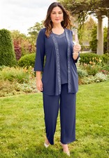 Catherines Women's Plus Size Beaded 3-Piece Cardigan Pant Suit picture