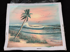 Vintage Tropical Beach Palm Tree Ocean Waves Sunset Canvas Painting Art picture