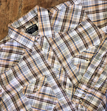 Vintage Wrangler Western Shirt Men's 17 x 35 Tan Plaid Button Snaps Long Tails picture
