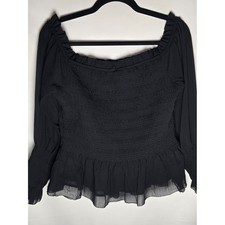 Torrid Black Smocked Ruffle Hem Long Sleeve Blouse Square Neck 1X 19745769 picture