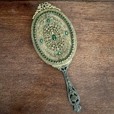 Antique E & JB Empire Art Gold Hand Mirror 1920s Green Jeweled Filigree Vanity picture