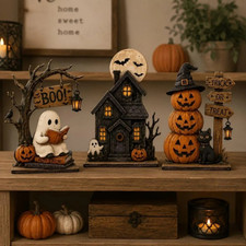 3pc Halloween Decor Set Haunted House Ghost Pumpkin Tabletop Statue Centerpiece picture