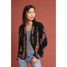 Anthropologie Maeve Ellen Embroidered Beaded Floral Bird Cotton Blazer Black 10 picture
