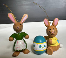 Vintage 1980 Dakin Wooden Easter Bunny Rabbit Ornaments Egg Lot of 2 Christmas picture