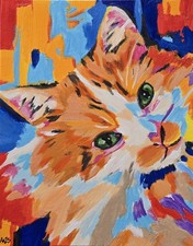 Original Acrylic Painting 11x14 Colorful Orange Cat Abstract Pop Art Signed picture