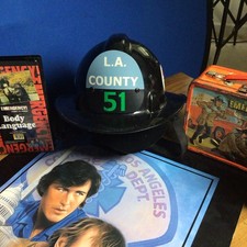 EMERGENCY  LA COUNTY SQUAD 51 FIRE HELMET-DVD VHS lunch box Autographed, posters picture