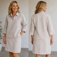 Chicos Design Vintage Faux Suede 2 Piece Set Shirt and Skirt Beige Size 0 picture
