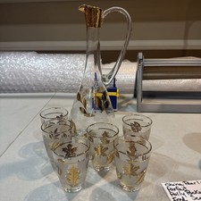 VTG Mid-Century Modern Romanian blown glass decanter w/ 6 glasses. picture